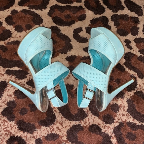 Y2K Turquoise suede platform stiletto pumps strappy high heels 10 - Picture 1 of 12